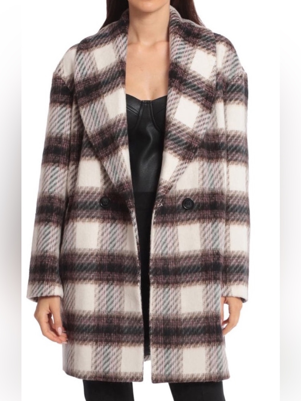 Anthropology Avec Les Filles Plaid Pea Coat in Cream and Brown Tones